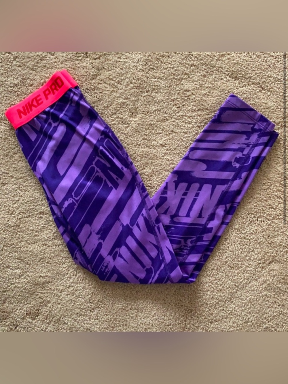 Nike Pro Girls' Medium Patterned Purple Athletic Leggings with Pink Waistband